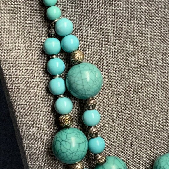 Double Strand Beaded Necklace 17 In Turquoise Crackle Silver Rose BoHo Statement - Picture 3 of 7